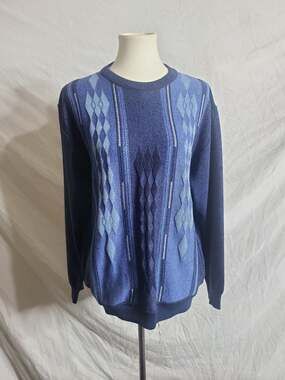 Vintage Montechiaro Made in Italy Blue Knit Wool Blend Argyle Striped Sweater Si